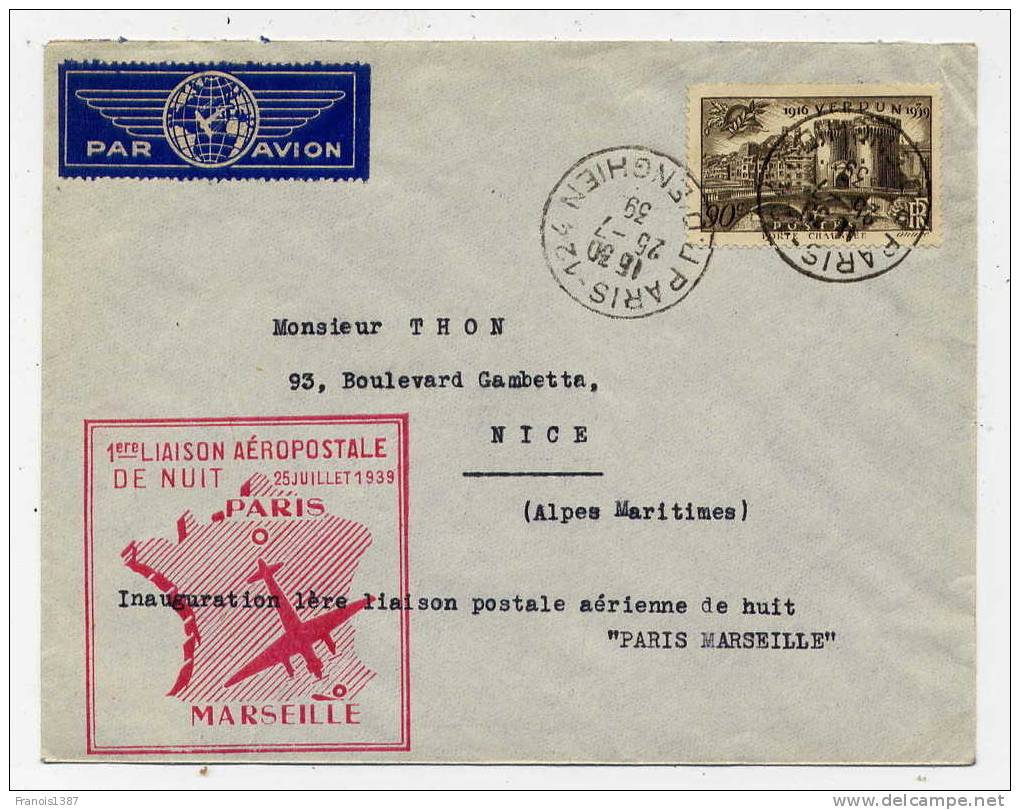 N1 - Première Liaison De Nuit "Paris-Marseille" Le 25 Juillet 1939 - Timbre Verdun - Excellent état. - 1927-1959 Lettres & Documents
