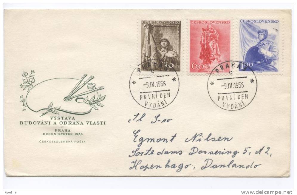 Czechoslovakia FDC Complete Set ART EXHIBITION ARMY 9-4-1955 Sent To Denmark - FDC