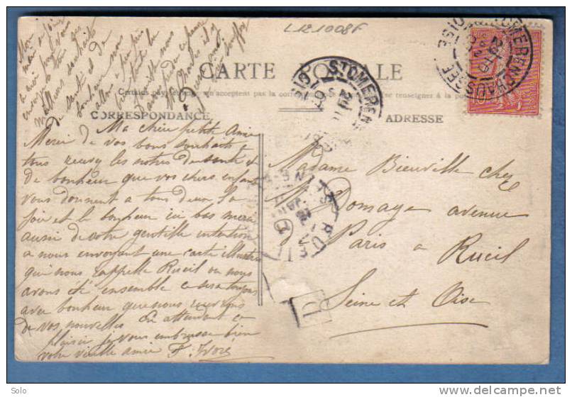 Sur CP Pour RUEIL - CAD SAINT OMER CHAUSSEE (Oise) Du 10-01-1907 + Cachet Carré "D" Sur 10c Semeuse Rose Lignée Seul - 1877-1920: Semi Modern Period