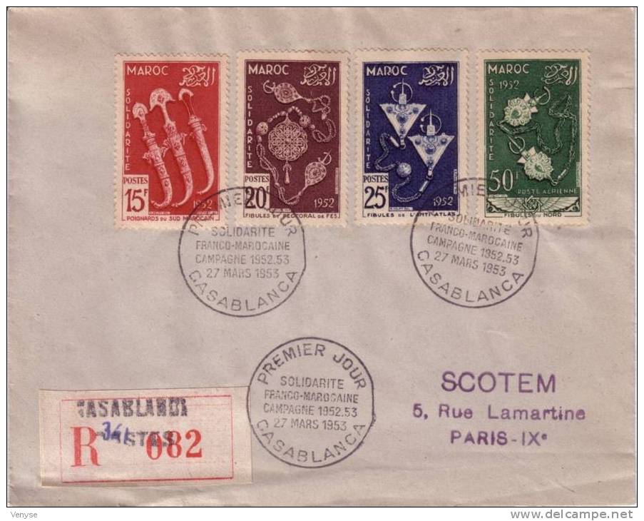 Lettre Recommandée Circulé 1er Jour MAROC ¤ Oeuvres De Solidarité 1953 - Covers & Documents