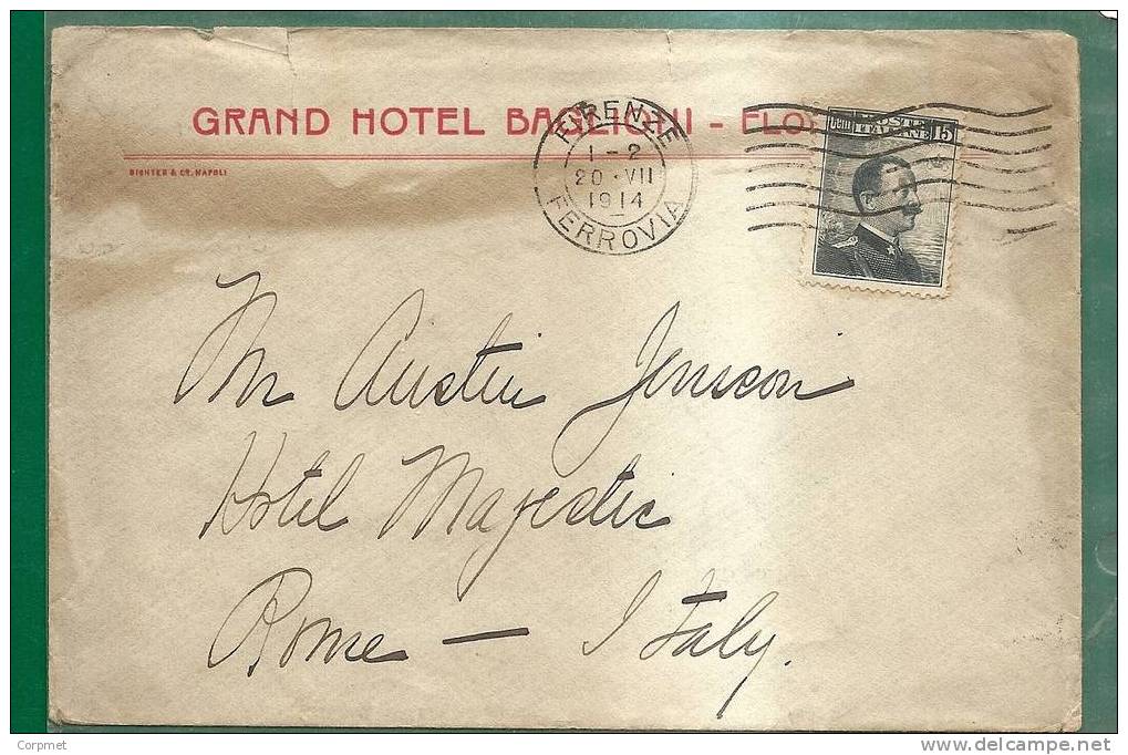 GRAND HOTEL BAGLIONI - FLORENCE - 1914  ITALY COVER Circulated To ROMA - Hotels, Restaurants & Cafés