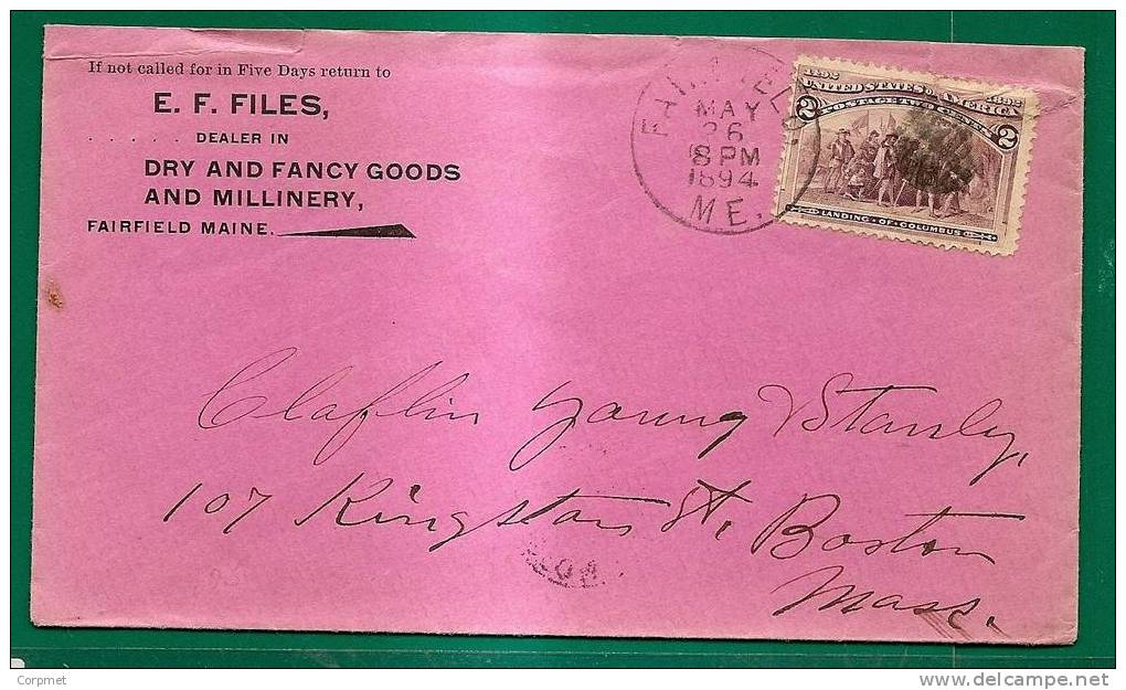 US - VF 1894 COLUMBUS COVER FAIRFIELD MAINE To BOSTON, MASS (reception At Back) - Lettres & Documents