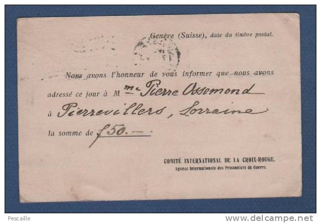 WW1 - CP COMITE INTERNATIONAL DE LA CROIX ROUGE GENEVE - 1918 - AGENCE INTERNATIONALE DES PRISONNIERS DE GUERRE - Rotes Kreuz