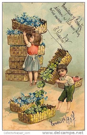 NEW YEAR 1907 Ca1900 VINTAGE CPA POSTCARD CARTOLINE Children With Baskets With Flowers - Nieuwjaar