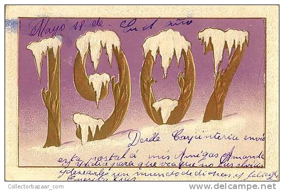 NEW YEAR 1907 Ca1900 VINTAGE CPA POSTCARD CARTOLINE Snow - New Year