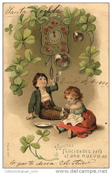 NEW YEAR 1908 Ca1900 VINTAGE CPA POSTCARD CARTOLINE Children Playing, Clock Muchas Felicidades Many Happinesses - Año Nuevo