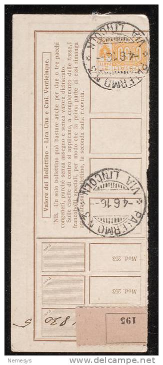 1916 RICEVUTA PACCHI CON 50C NODO SAVOIA TIMBRO PALERMO VIA LINCOLN - Paketmarken