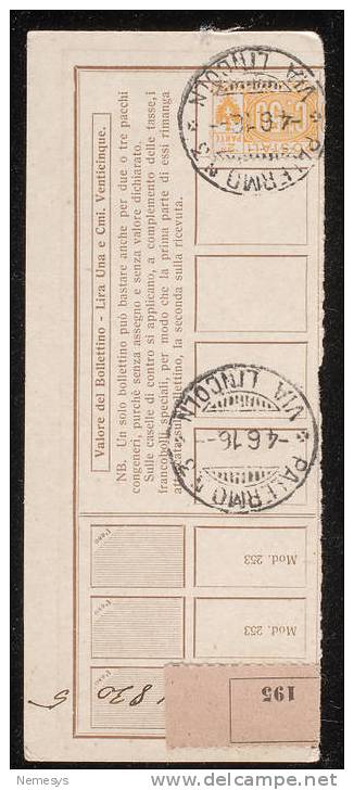 1916 RICEVUTA PACCHI CON 50C NODO SAVOIA TIMBRO PALERMO VIA LINCOLN - Postal Parcels
