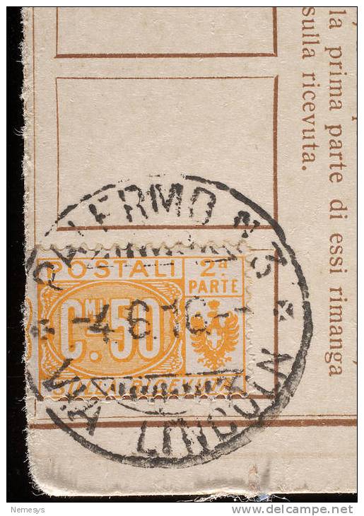 1916 RICEVUTA PACCHI CON 50C NODO SAVOIA TIMBRO PALERMO VIA LINCOLN - Postal Parcels