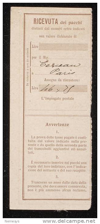 1916 RICEVUTA PACCHI CON 50C NODO SAVOIA TIMBRO PALERMO VIA LINCOLN - Pacchi Postali