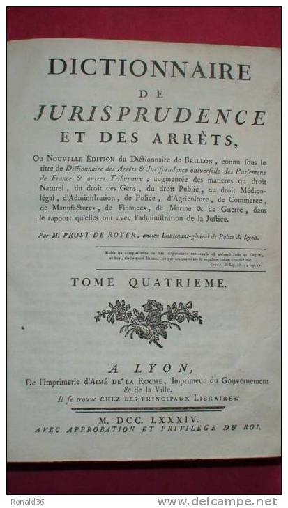 DROIT Justice : DICTIONNAIRE DE JURISPRUDENCE ET DES ARRÊTS 1794 Par PROST DE ROYER Nouvelle édit BRILLON - Dictionnaires