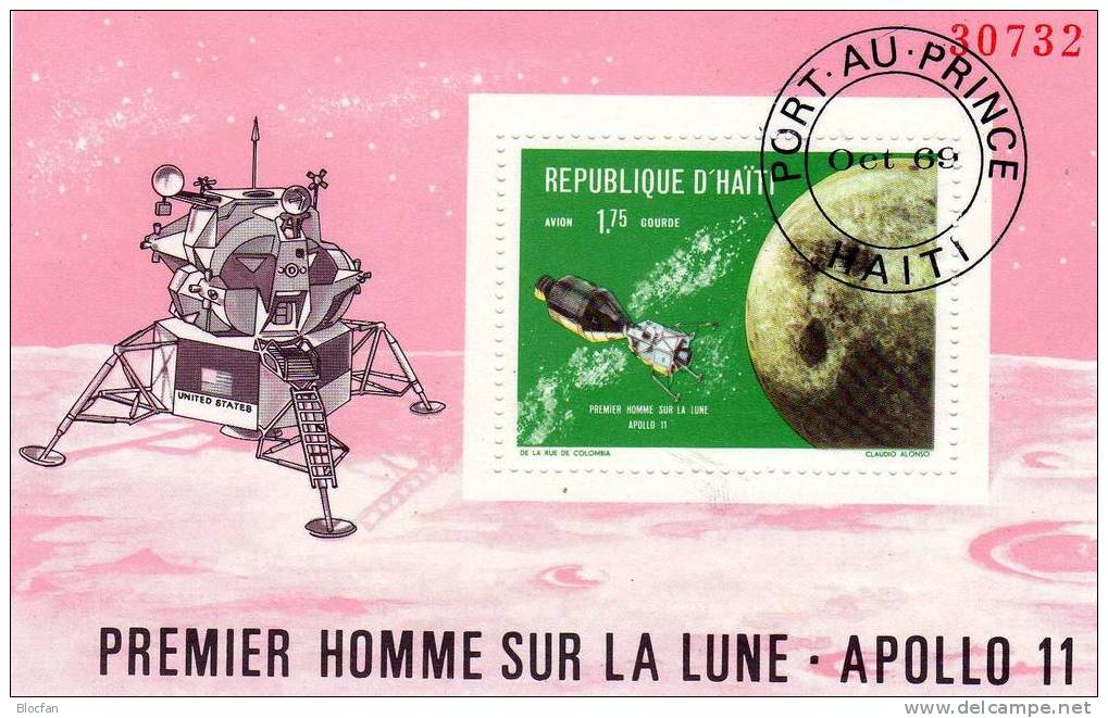 Apollo 11 Umkreist Den Mond Erste Mondlandung Haiti 1088 A + Block 39 O 6€ - América Del Sur