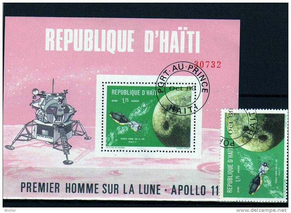 Apollo 11 Umkreist Den Mond Erste Mondlandung Haiti 1088 A + Block 39 O 6€ - Amérique Du Sud