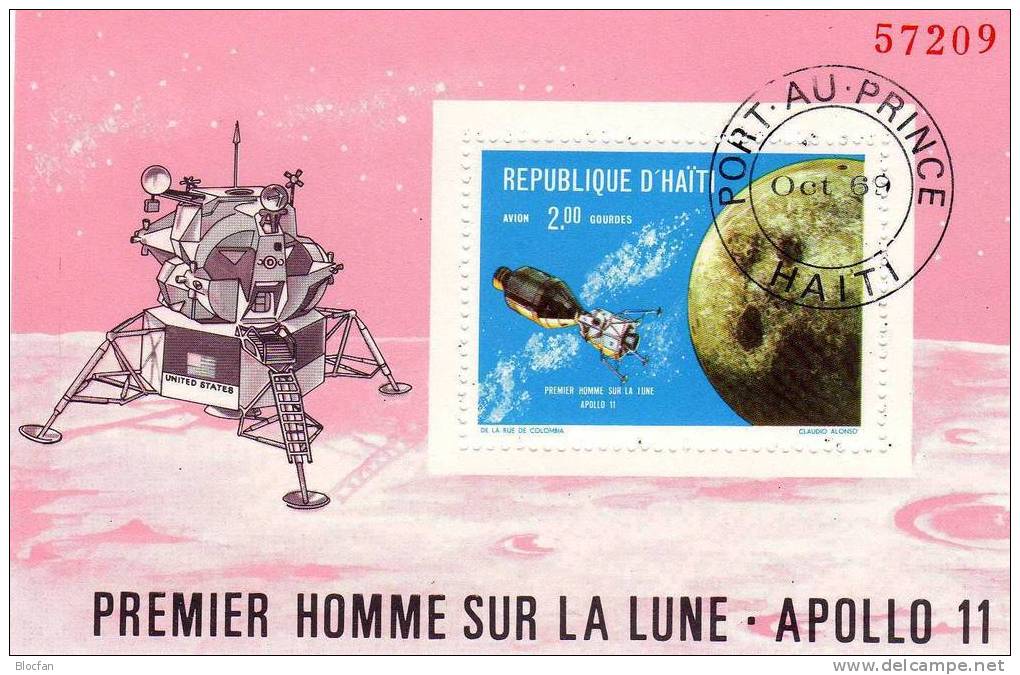 Apollo 11 Umkreist Den Mond Erste Mondlandung Haiti 1089 A + Block 40 O 6€ - Zuid-Amerika