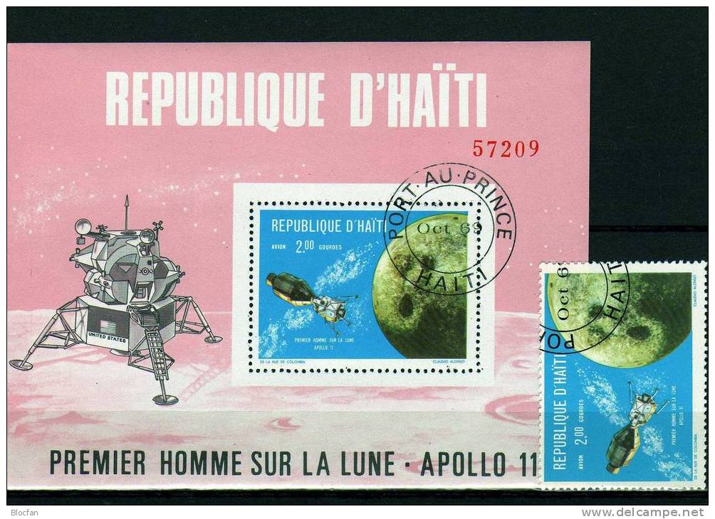 Apollo 11 Umkreist Den Mond Erste Mondlandung Haiti 1089 A + Block 40 O 6€ - Amérique Du Sud