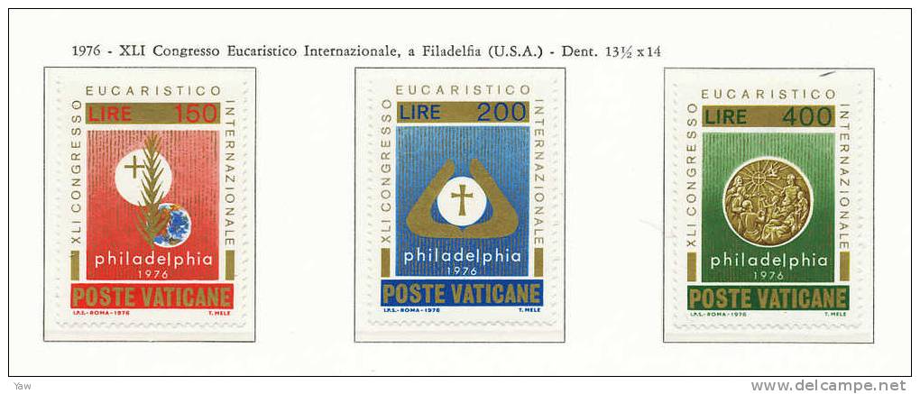 VATICANO 1976 41° CONGRESSO EUCARISTICO INTERNAZIONALE A FILADELFIA. SERIE COMPLETA MNH** - Ungebraucht