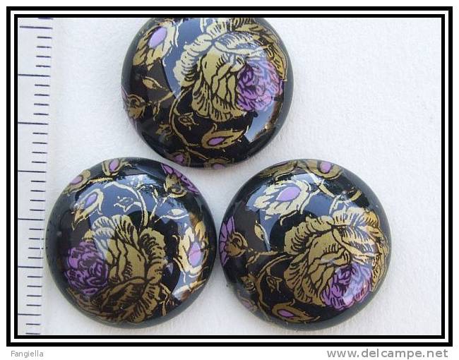 Cabochon Fleurs Doré Coeur Pourpre Sur Fond Noir Environ 18mm - Perles