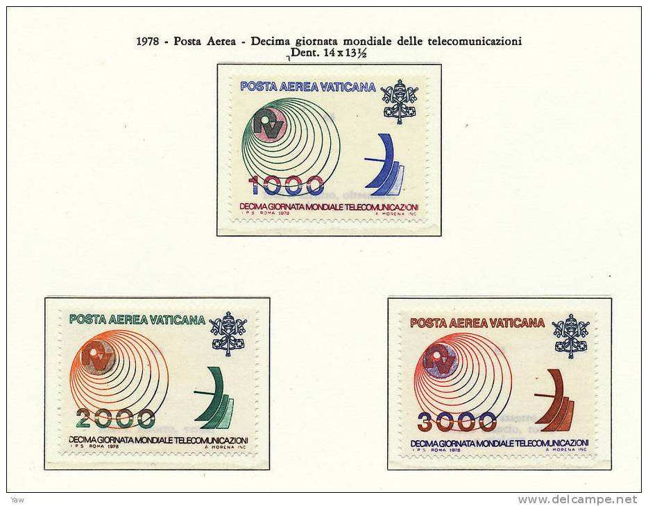 VATICANO 1978 POSTA AEREA. 10° GIORNATA MONDIALE DELLA TELECOMUNICAZIONE. SERIE COMPLETA MNH** - Posta Aerea