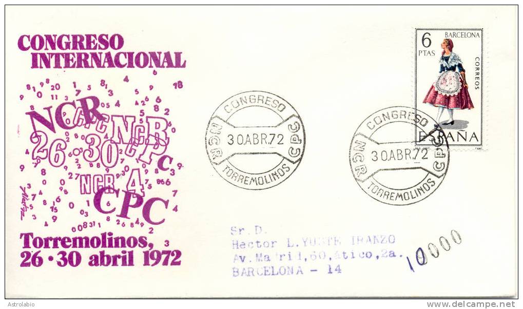 Torremolinos (Málaga) Congreso NCR CPC, 1972 Obliteration, Recommande Espagne - Macchine Per Obliterare (EMA)