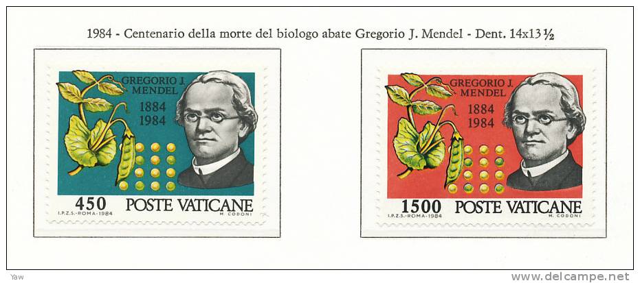 VATICANO 1984  CENTENARIO DELLA MORTE DELL´ABATE GREGORIO J. MENDEL, BIOLOGO 1822-84. SERIE COMPLETA MNH** - Neufs