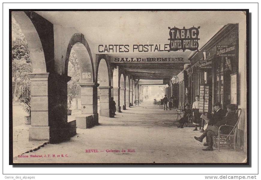 31 REVEL, Galerie Du Midi, Arcades, Commerces Tabac, Cartes Postales, Ed Moderne JFM Et KC, Voyagé 1911 - Revel