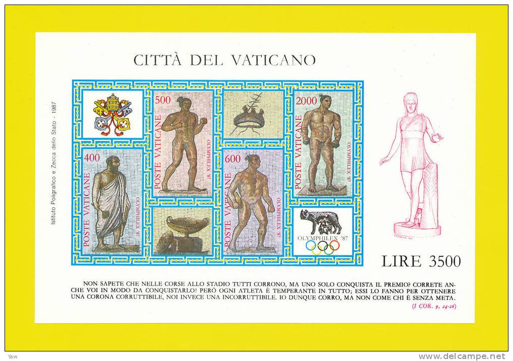 VATICANO 1987  "OLIMPHILEX ´87" ESPOSIZIONE MONDIALE DI FILATELIA OLIMPICA A ROMA. BF YT 9 MNH** - Blocs & Feuillets