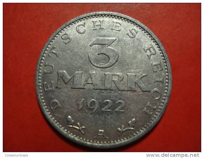 2720 GERMANY DEUTSCHLAND ALEMANIA 3  MARK    AÑO / YEAR   1922 A    XF+ - 3 Mark & 3 Reichsmark