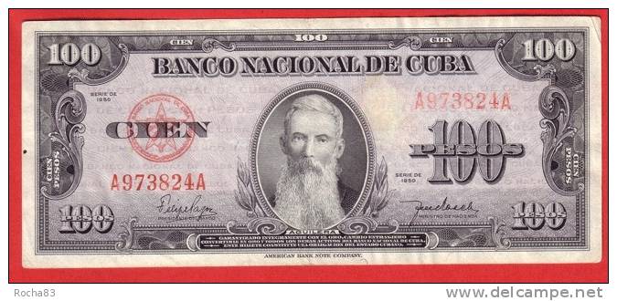 BILLET - CUBA  - 100 Pesos Série 1950 ( N° Rouge  ) - Pick 82a - Cuba