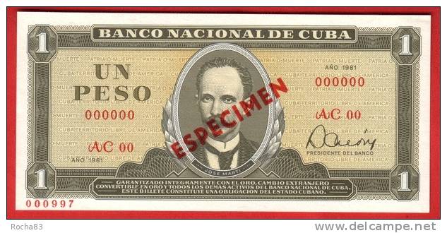 BILLET - CUBA  - 1 Peso Série 1981 ( SPECIMEN ) - Pick 102b - Cuba