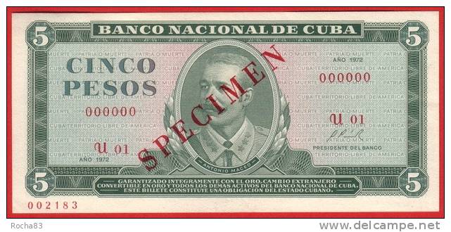 BILLET - CUBA  - 5 Pesos Série 1972 ( SPECIMEN ) - Pick 103b - Cuba