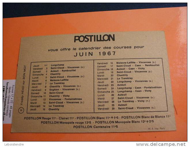 CALENDRIER DES COURSES POUR JUIN 1967 OFFERT PAR POSTILLON ROUGE 11°-EN TRES BON ETAT - Petit Format : 1961-70