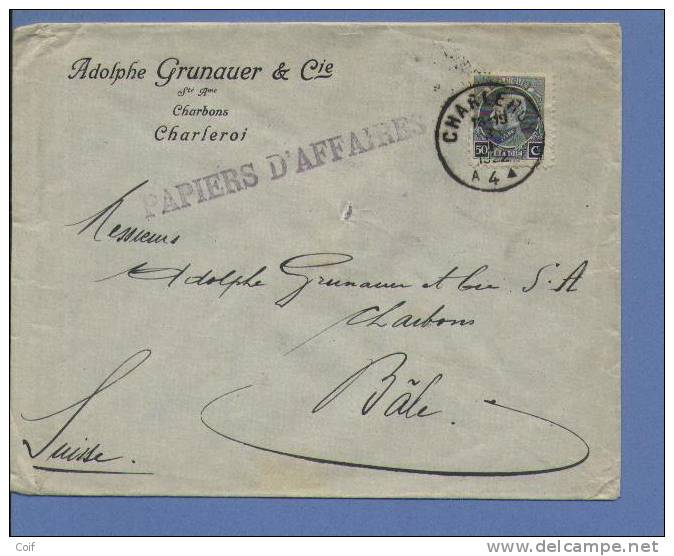 211 Op Brief / PAPIERS D'AFFAIRES,  Met Stempel CHARLEROY , Naar Bale (Suisse) - 1921-1925 Small Montenez