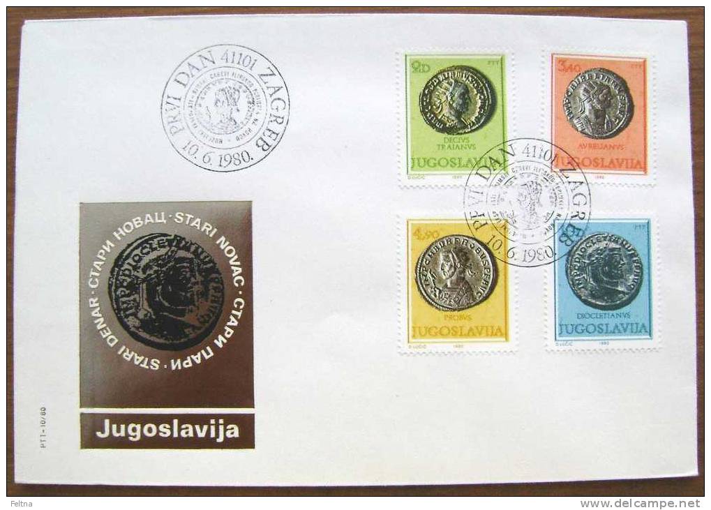 1980 YUGOSLAVIA FDC WITH OLD ROMAN COINS ON STAMPS - Monedas
