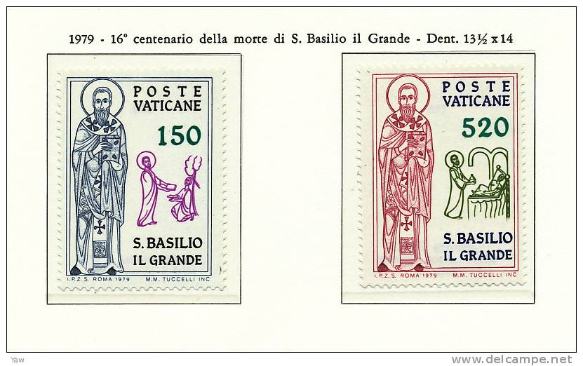 VATICANO 1979  16° CENTENARIO DI SAN BASILIO IL GRANDE VESCOVO GRECO. SERIE COMPLETA MNH** - Theologians