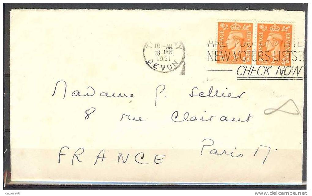 Lettre Ordinaire - Devon  Grande Bretagne - Paire 212 George VI - Cartas & Documentos