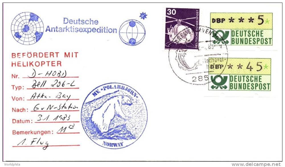 Helicopter Flight-MV. "Polarbjorn" Norwegian "Deutsche Antarktis Expedition" Cacheted Cover With ATM Stamps 1983 - Hélicoptères