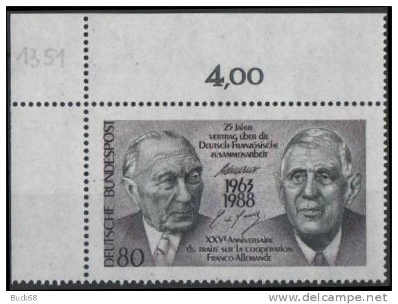 ALLEMAGNE FEDERALE Poste 1183 ** MNH Général De GAULLE Et Konrad ADENAUER Coin De Feuille - De Gaulle (Général)