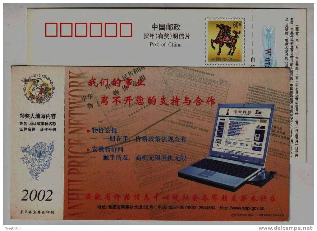 Notebook Computer,China 2002 Anhui Price Information Center Advertising Pre-stamped Card - Informatique