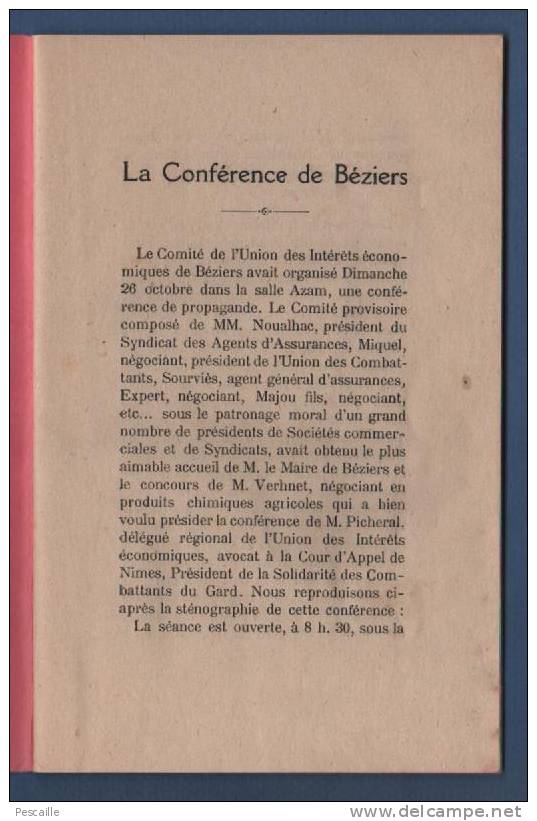 LA RECONSTITUTION NATIONALE - CONFERENCE FAITE LE 26 OCTOBRE 1919 A BEZIERS SALLE AZAM - PICHERAL AVOCAT NIMES - Documenti Storici