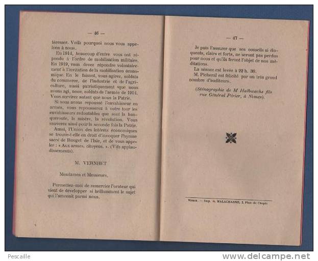 LA RECONSTITUTION NATIONALE - CONFERENCE FAITE LE 26 OCTOBRE 1919 A BEZIERS SALLE AZAM - PICHERAL AVOCAT NIMES - Documents Historiques