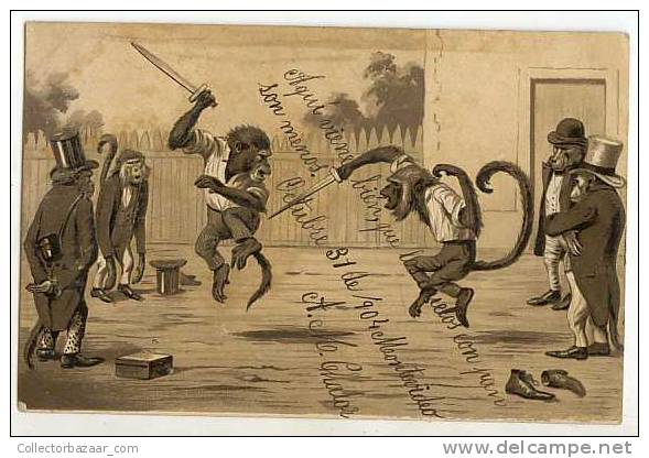 VINTAGE Ca1900 TARJETA POSTAL CARTE POSTALE DRESSED MONKEY FENCING - Monos