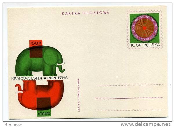 ENTIER POSTAL / STATIONERY POLOGNE ELEPHANT LOTERIE - Elefanten