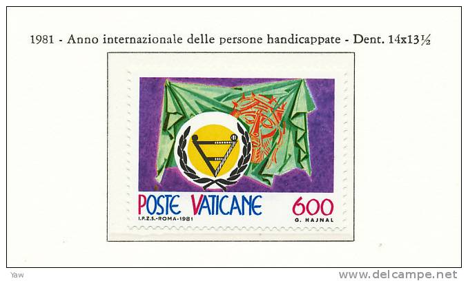 VATICANO 1981  ANNO INTERNAZIONALE DELLE PERSONE CON HANDICAP.  MNH** - Handicaps