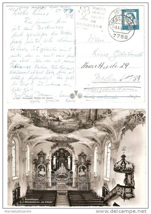 AK Kreuzlingen, Klosterkirche „St. Ulrich“ Innenansicht  7758 MEERSBURG 3.9.64 / 1 BERLIN 4.9.64 Briefmarke überstempelt - Kreuzlingen