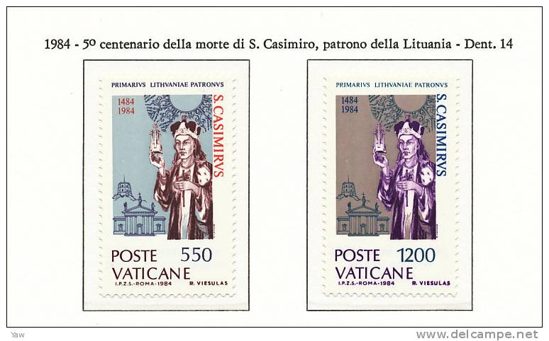 VATICANO 1984  5° CENTENARIO DI SAN CASIMIRO DI LITUANIA. SERIE COMPLETA MNH** - Religion