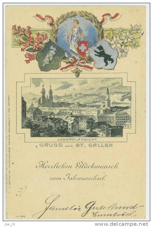 Schweiz/Suisse: Farb-Präge-AK St.Gallen, Gruss Aus St.Gallen, Jahreswechsel 1899/1900 (3 Scans) - St. Gallen