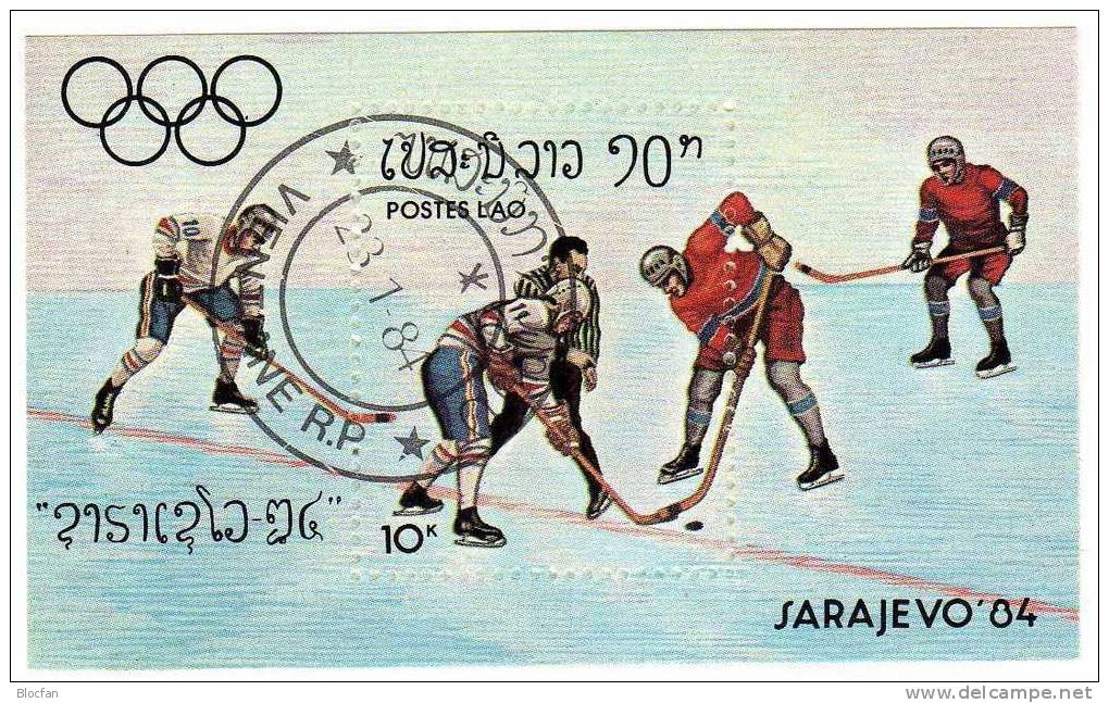 Winter-Olympiade Sarajevo 1984 Eishockey-Spiel Laos Block 99 O 3€ Bf Fogli Olympic Bloc Wintersport Sheet Of Lao - Laos