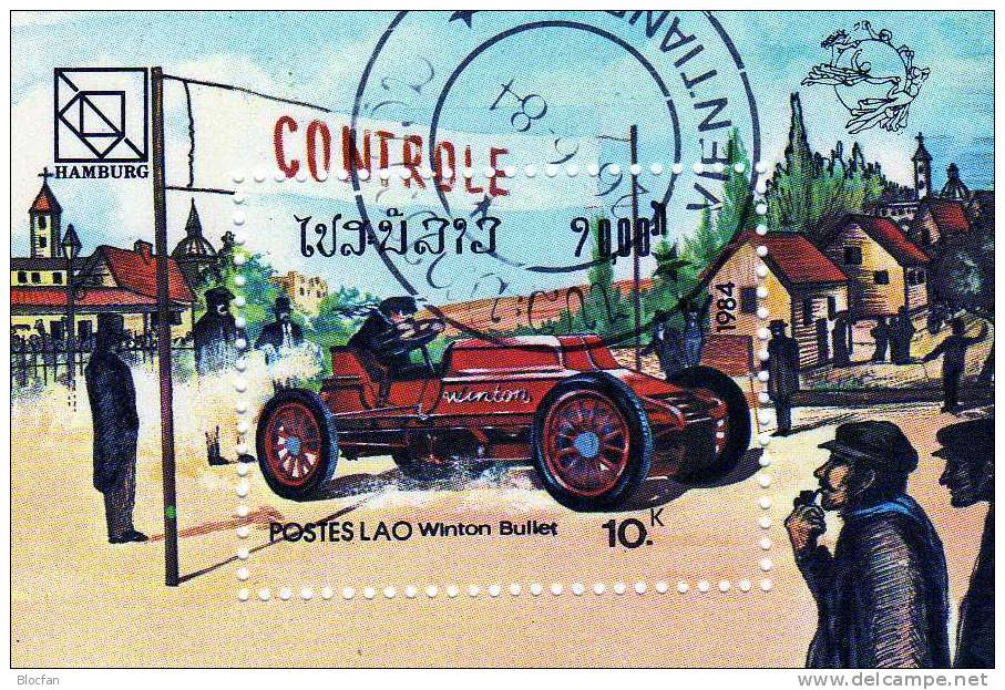 UPU-Kongreß 1984 EXPOSITION Hamburg Oldtimer Winton Bullet Laos Block 103 O 3€ Philatic Bloc Automobil Sheet Of Lao Asia - Laos