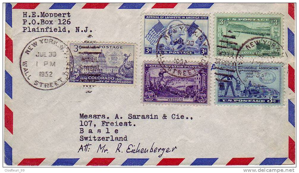 Very Nice Letter From Plainfield, N.Y. Wall Street / 1952 / Destination :Switzerland - Other & Unclassified