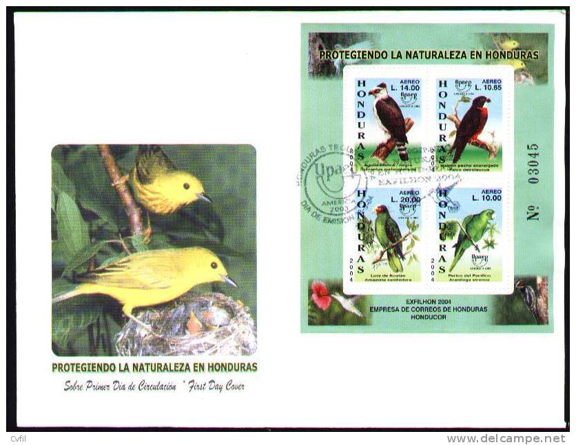 HONDURAS 2004 - AMERICA UPAEP 2003 - AVES - H.B. En FDC. BIRDS - Perroquets & Tropicaux